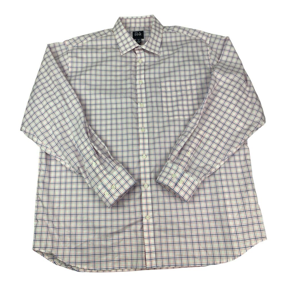 Jos A Bank Travelers Mens Long Sleeve Shirt, White Check, Cotton, Size XL